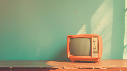 retro orange TV receiver sits on wooden table against pastel wall, evoking nostalgia and charm. simplicity of scene highlights vintage design and warm colors