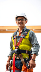 Asian worker wear safety height equipment. Fall arrestor device for worker with hooks for safety body harness, Worker as in the construction site isolated with white highlights, png