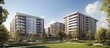 © Almahyra - Modern apartment buildings with green lawn and trees.