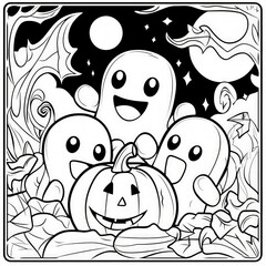 Wall Mural - A Halloween scene with friendly ghosts and pumpkins, coloring page for kids, simple outline illustration. Coloring book, simple lines.