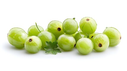 Closeup shot of a ripe juicy green gooseberry isolated on a plain white background  The image showcases the natural beauty and minimalist design of this tart nutritious berry often used in cooking