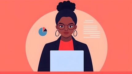 Aufkleber - Portrait of a focused African American businesswoman working on detailed financial analysis and data visualization on her laptop computer in a quiet organized office workspace