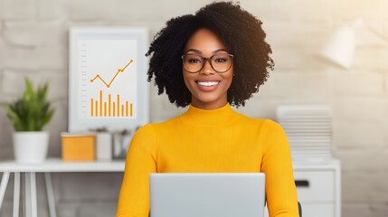 Aufkleber - Focused African American woman intently analyzing vibrant financial data charts and graphs on her laptop screen in a cozy sunlit office setting working towards business goals and success