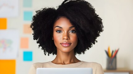 Aufkleber - Focused African American woman intently studying vibrant financial data charts and graphs on laptop screen surrounded by sunlit cozy office setting