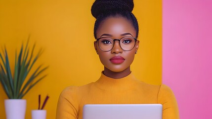Aufkleber - Determined African American woman in glasses intently analyzing financial statistics and data on her laptop computer at a modern office desk with papers stationery and other office supplies