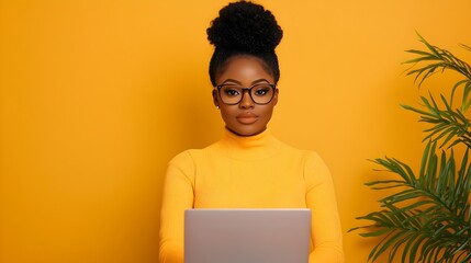 Aufkleber - Focused African American female professional in glasses intently analyzing financial charts and statistics on her laptop at a tidy organized modern office desk with paperwork and stationery
