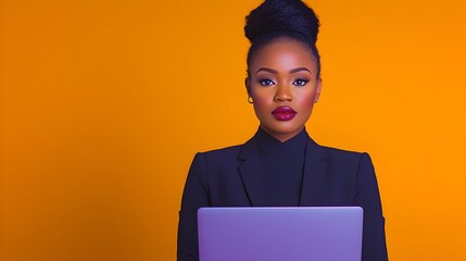 Fototapete - Focused African American Businesswoman Analyzes Vibrant Financial Charts and Data Displayed on her Laptop Screen in a Quiet Contemporary Office Environment