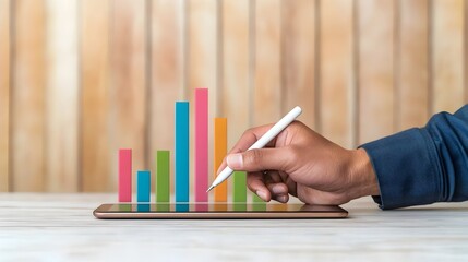 Leinwandbilder - Elegant Female Hand Gracefully Holding Stylus and Navigating Vibrant Colorful Charts Graphs and Tech Metrics on Tablet Device for Financial Data Analysis and Planning