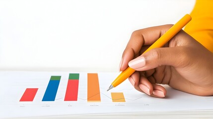 Fototapete - Close up of a businesswoman s hand using a pen to interact with detailed graphs and digital charts displayed on a tablet screen