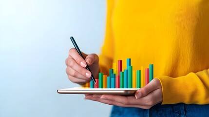 Leinwandbilder - close up of a woman s hand holding a pen drawing on a tablet screen filled with animated graphs analytical charts and visual data representations  Concept of creativity business intelligence