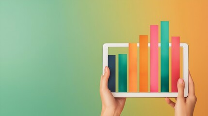 Fototapete - Graceful Female Hand Delicately Navigating Through Complex Graphs and Business Analytics Visualized on a Tablet Screen in a Bright Watercolor Style