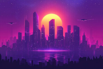 Futuristic City Skyline With Towering Skyscrapers, Neon Lights, And Flying Vehicles Against A Starry Night Sky, Creating A Dynamic Science Fiction Background