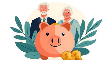 Poster - Cheerful piggy bank filled with golden coins with an elderly couple smiling in the background representing financial stability security and prosperity in retirement  Flat style