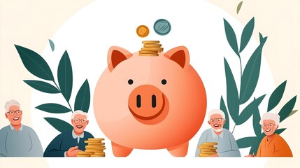 Poster - Flat of a piggy bank surrounded by growing coins and happy senior adults symbolizing positive financial habits and a prosperous retirement lifestyle