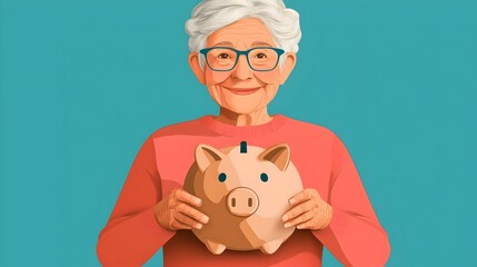 Poster - Cheerful Senior Happily Saving Money into Piggy Bank Flat Design Representing Wealth Accumulation and Positive Aging Lifestyle