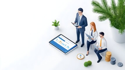 Poster - Isometric of a Business Team Collaborating to Analyze Web Based Reports and Conduct Data Research for Financial Forecasting and Strategic Decision Making