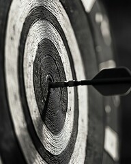 Black and white close-up of an arrow hitting the bullseye on a dartboard- symbolizing accuracy and goal achievement.