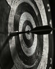 Black and white close-up of an arrow hitting the bullseye on a dartboard- symbolizing accuracy and goal achievement.