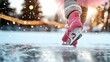 © Lens Legacy - A child wearing pink ice skates glides gracefully on an outdoor ice rink under gently falling snowflakes, illustrating joy and carefree moments of wintertime.