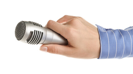 Woman with microphone on white background, closeup