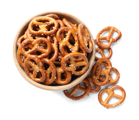 Poster - Delicious pretzel crackers in bowl isolated on white, top view