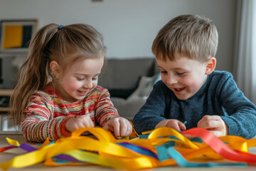 two children with Down syndrome sitting at a table, playing with ribbons and brightly colored educational toys