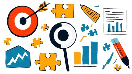 Poster - Doodle sketch icons of various business related elements like target puzzle chart and teamwork in a hand drawn style  This creative can be used for career office or corporate themed concepts designs