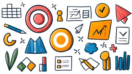Poster - Hand drawn Doodle Sketch Icons Representing Various Business Elements Such as Target Puzzle Chart and Teamwork for Career and Office Themed Concepts