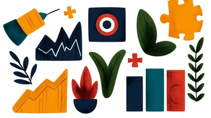 Poster - Collection of hand drawn doodle sketches depicting various business elements and icons such as target puzzle chart and teamwork in a stylized conceptual manner for career office and corporate themes