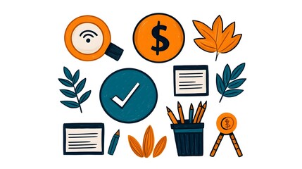 Vibrant and Expressive Hand Drawn Depicting a Collection of Business Icons and Doodles Representing Finance Teamwork Target and Strategic Planning Concepts for Office and Career Themes