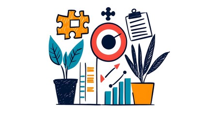 Aufkleber - Stylized Hand Drawn Business Office Icons with Doodle Sketches of Target Puzzle Chart and Finance Elements Representing the Concept of Career and Teamwork Strategy in the Workspace