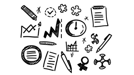 Poster - Set of hand drawn doodle style business icons including charts targets finance symbols and puzzle pieces to represent office teamwork strategic planning and workflow management concepts