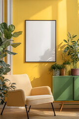 Wall Mural - Bright and Cozy Indoor Living Space with Yellow Walls, Plants, and Framed Artwork for Home Decor Inspiration