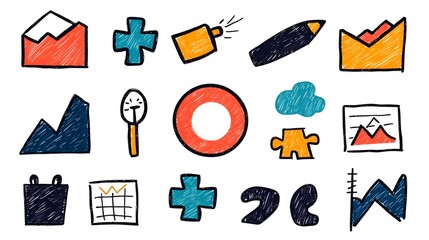 Poster - Sketchy Business Icon Set with Hand Drawn Career Symbols Like Target Puzzle Teamwork and Financial Charts in a Doodle Style Creative Design Concept for Office Work Planning and Strategy