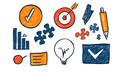 Poster - Hand Drawn Sketch Icons Depicting Office Elements Like Target Puzzle Chart and Finance in a Doodle Style for Business Career and Teamwork Concepts