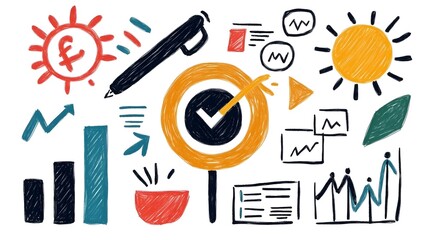 Aufkleber - Doodle Style Business Icon Set with Hand Drawn Sketches of Target Teamwork Finance and Charts Perfect for Office and Career Strategy Concepts