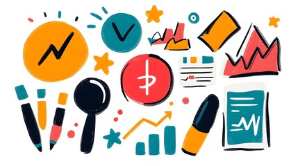 Poster - Doodle Style Business Icon Set with Hand Drawn Sketches of Target Teamwork Finance and Charts Perfect for Office and Career Strategy Concepts
