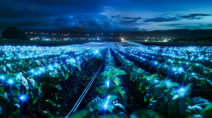 Nighttime view of smart farm with digital grid overlay enhancing crop rows. Concept Smart Farming, Digital Grid, Nighttime View, Crop Rows, Technology Integration