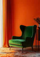 Wall Mural - Elegant Indoor Decor with Green Velvet Chair and Orange Wall for Stylish Home Interiors