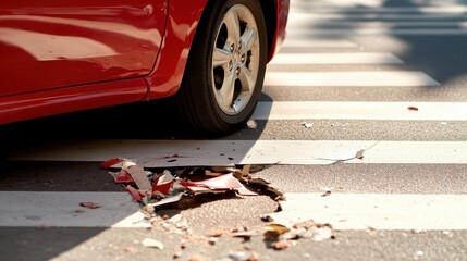 A red car stands at a crosswalk with a damaged street, highlighting urban infrastructure issues and road safety in a bustling city environment.