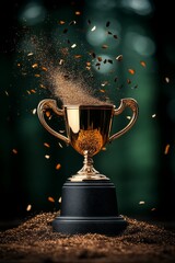 Golden Sport cup trophy under cinematic light at nature background