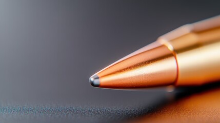 This image shows an extreme close-up view of a shiny metallic ballpoint pen tip resting on a dark textured surface, highlighting its smooth design and precision.