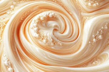 Close-up of swirling creamy liquid with tiny white bubbles.