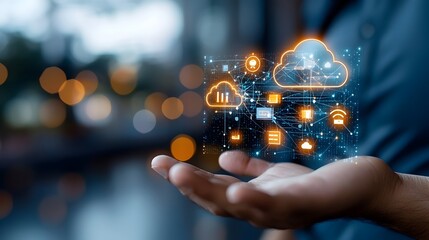 Leinwandbilder - Hand reaching out to a digital screen displaying various technology icons cloud storage and network connections all glowing on a dark blue background