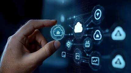 Leinwandbilder - Finger Touching Futuristic Digital Interface Displaying Cloud Storage Network and Security Icons on a Dark Blue Background