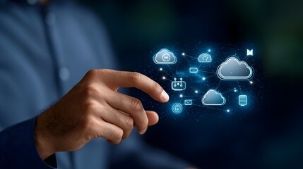 Leinwandbilder - Close up of a human hand interacting with a sleek digital screen that showcases various technology and online network icons including cloud storage symbols against a dark blue background