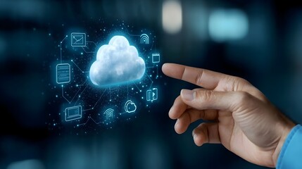 Leinwandbilder - Human hand touching a digital screen displaying futuristic cloud storage security and network connection icons against a dark blue technological background