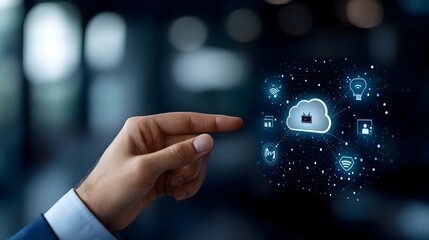 Fototapete - Close up Hand Touching a Digital Screen Displaying Cloud Storage Security and Network Connection Icons on a Futuristic Dark Blue Technology Background  Concept of Secure Data Storage Cloud Computing