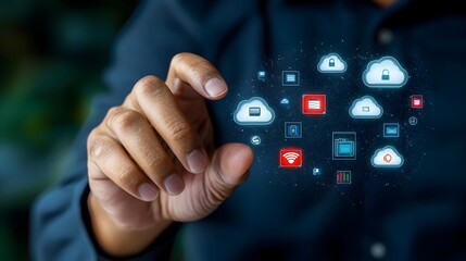 Leinwandbilder - Close up of a human hand interacting with a futuristic digital screen or interface displaying icons and symbols related to cloud storage online security