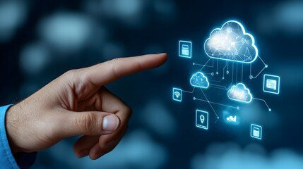 Leinwandbilder - Finger reaching out to touch a glowing digital interface with cloud computing and network icons displayed on a dark blue technology concept background